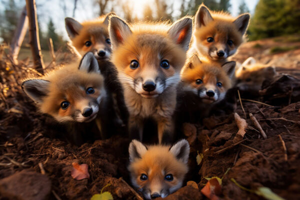 Ein Poster Kleine Füchse mit einer Gruppe kleiner Füchse-Füchse, die in die Kamera schauen.
