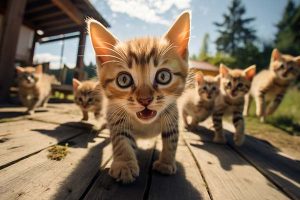 Ein Poster Kätzchen mit einer Gruppe Kätzchen, die auf einer Holzterrasse spazieren gehen.