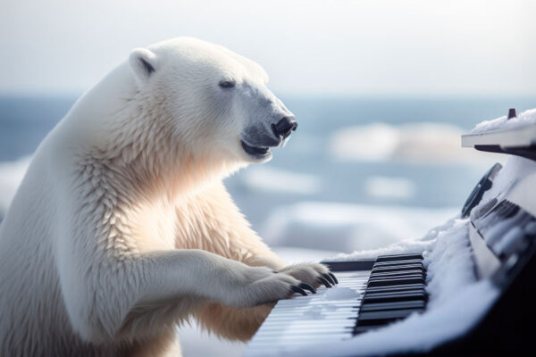Poster Eisbär spielt Klavier. Perfektes Geschenk für Keyboarder die Eisbären mögen.