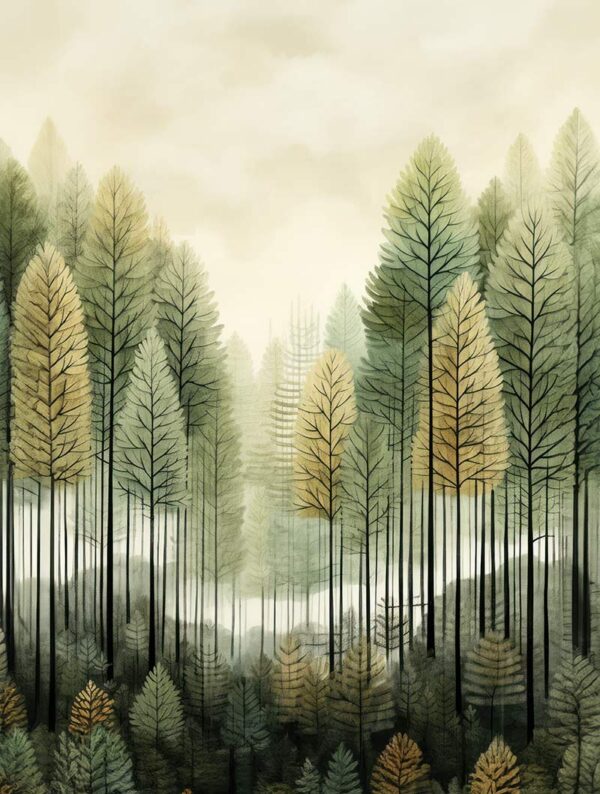 Poster Forest 3, Illustration einer stillen Waldszene, sanfte grüne und beige Farbtöne.