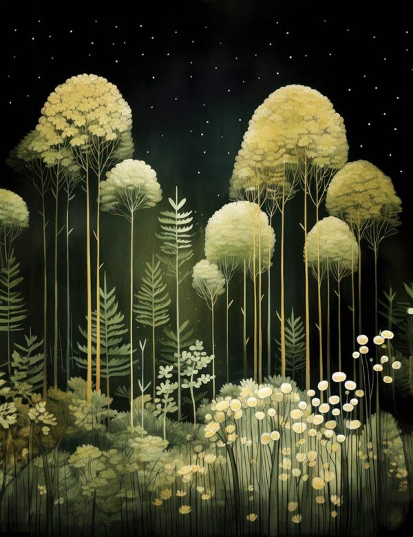 Illustration einer stillen Waldszene bei Nacht, sanfte grüne Farbtöne. Poster Forest 2 in Museumsqualität mit lebhaften Drucken auf mattem Papier