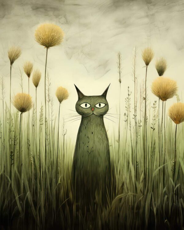 Poster Katze in der Wiese, romatische Illsutration, softer Surrealismus