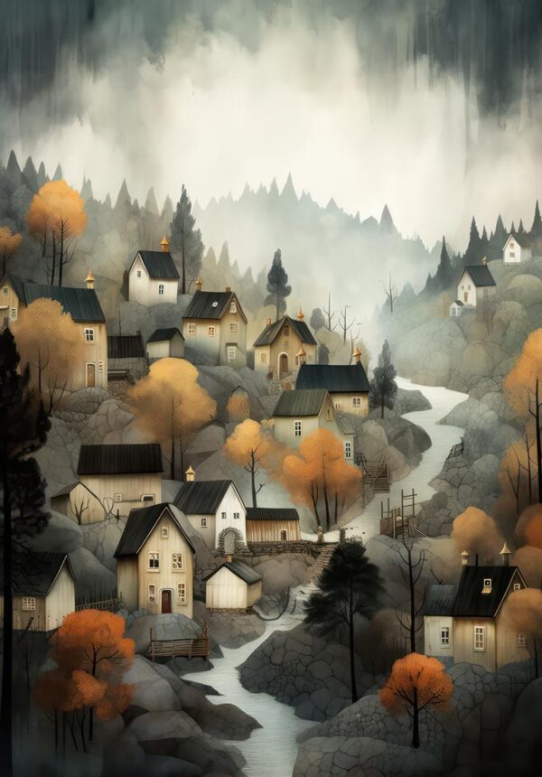 Poster Bergdorf, urbane Farben eingehüllt in Wälder und Berge