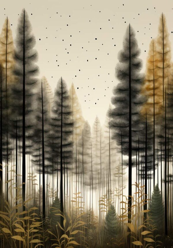 Illustration einer Waldszene in dezenten erdigen Farben. Poster Forest in Museumsqualität mit lebhaften Drucken auf mattem Papier