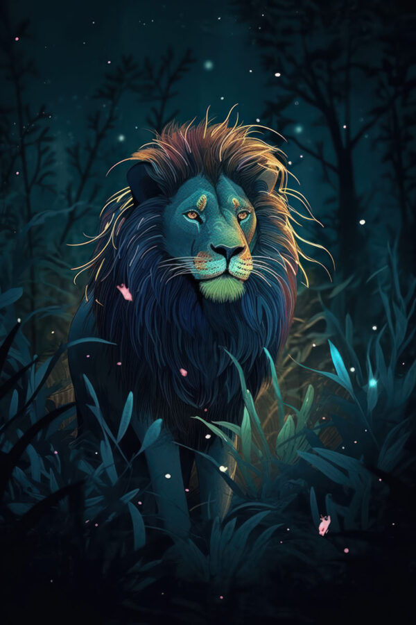 Poster Night Warrior. Ein Löwe im Stil des farbenfrohen Fantasy-Realismus.