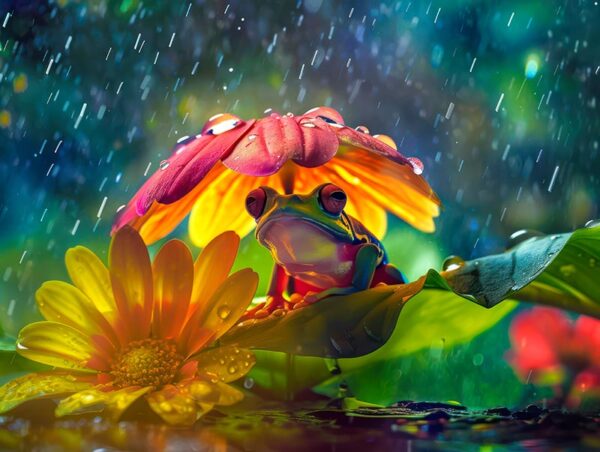 Farbenfrohes Poster kleiner Frosch im Regen der unter einer Blume Schutz sucht