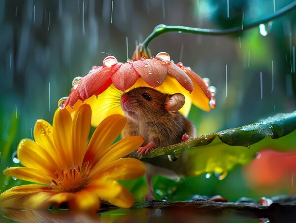 Farbenfrohes Poster Maus im Regen die unter einer Blume Schutz sucht