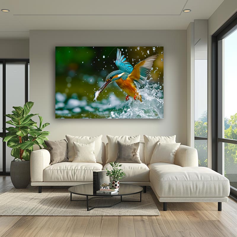 Farbenfrohes Poster Eisvogel beim Fischfang