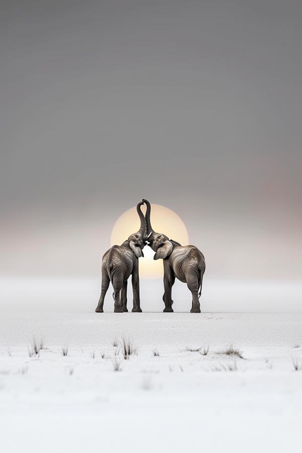 Beeindruckendes Motiv zweier Elefanten die in den Sonnenuntergang wandern. Poster Elefanten Freundschaft